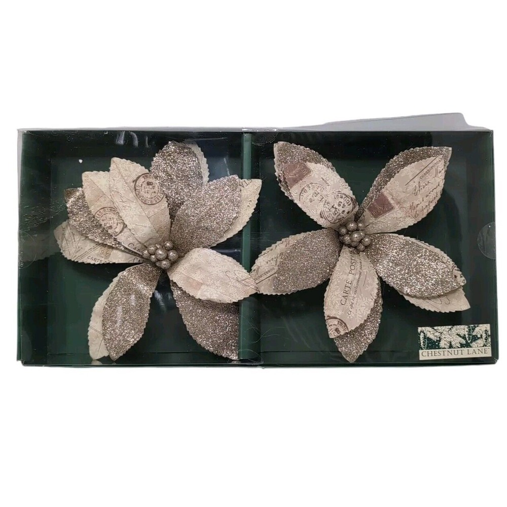 Poinsettia Christmas Ornaments Set of 2 Clip On Gold Cream Paper Glitter NEW NWT
